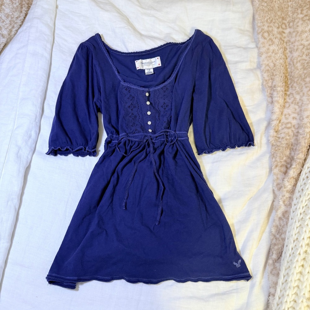 American Eagle Navy Blue Eyelet Lace Empire Waist Tunic Top Boho Large